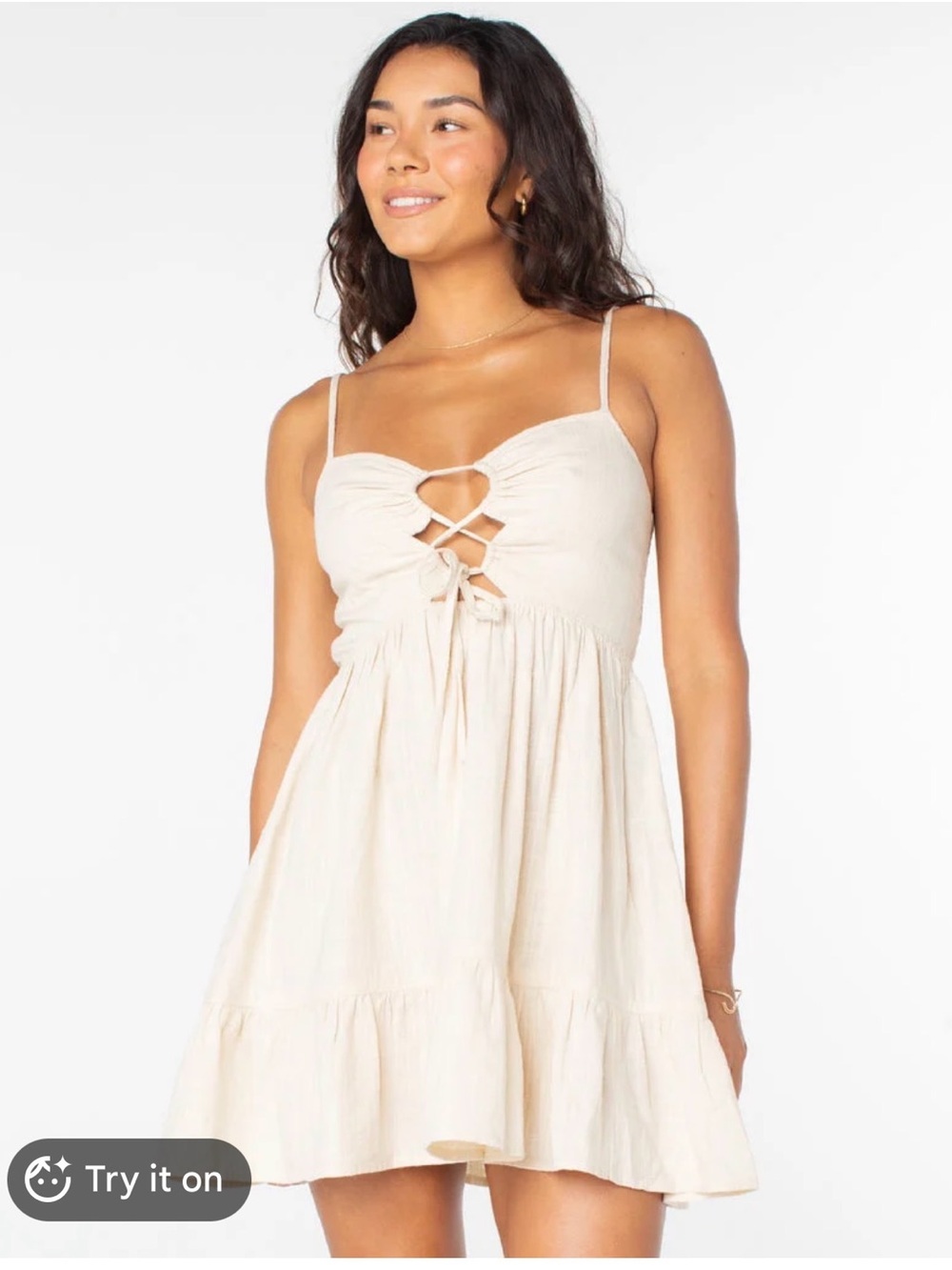 Roxy Cream Lace-Up Spaghetti-Strap Mini Dress